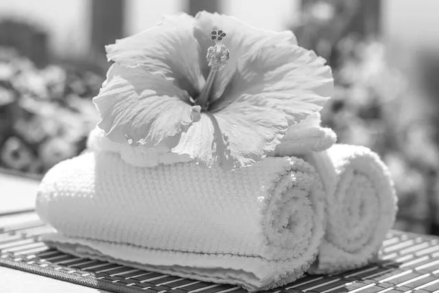 Zwei Handtücher, die liebevoll mit einer Blume geschmückt sind