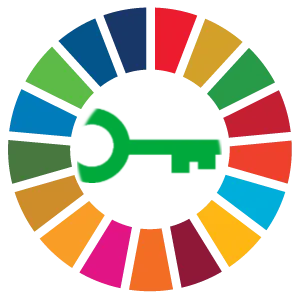 Logo der Vereinten Nationen für nachhaltige Entwicklung, das einen Ring mit den 17 Farben der Ziele und einem grünen Schlüssel in der Mitte darstellt.