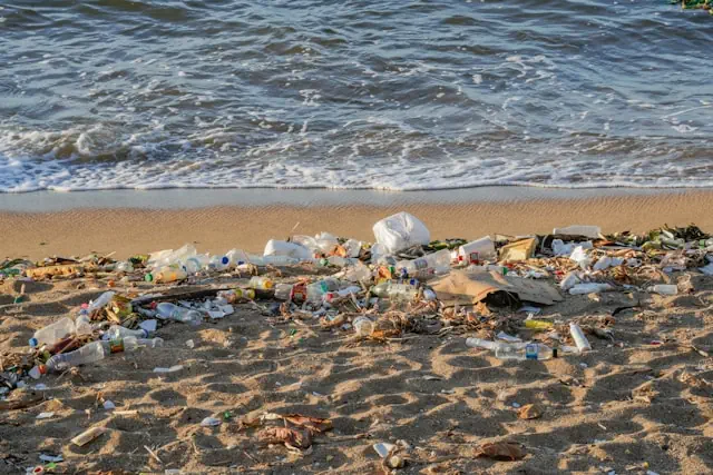 Plastikmüll an einem Strand, der von den Wellen angespült worden ist